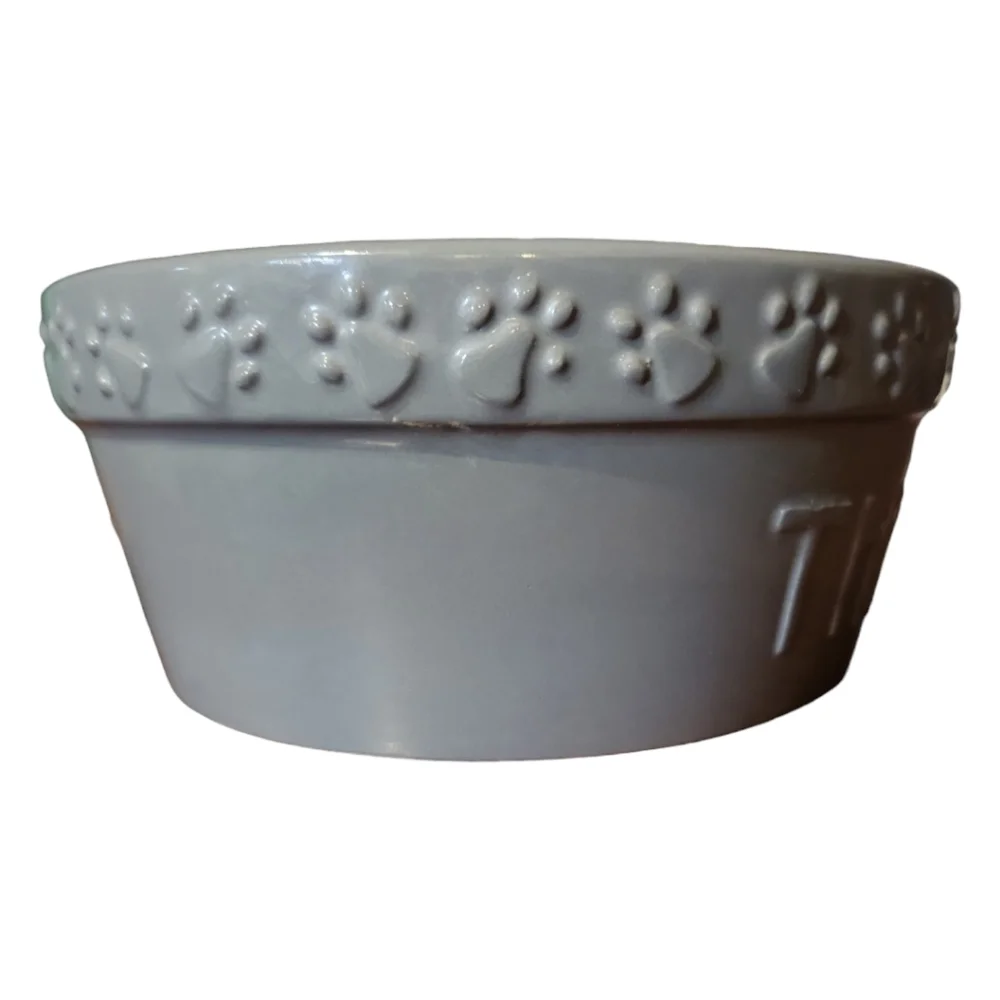 2HP😀 Vtg 2018 Thirsty Heavy Stoneware Signature Housewares Inc Lrg Pet Bowl Paw